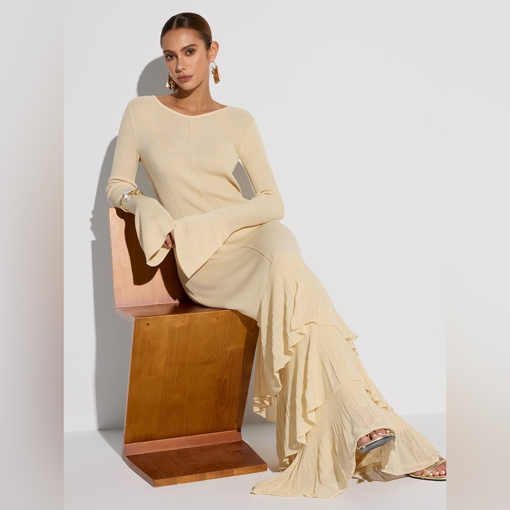 Commense Apricot Layered Ruffled Hem Knit Maxi Dress Sz M NWT - Picture 3 of 10